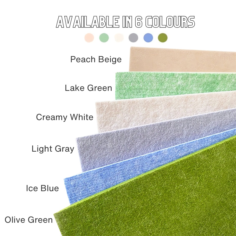 Foldable puzzle board shown in six colours – peach beige, lake green, creamy white, light gray, ice blue, and olive green.