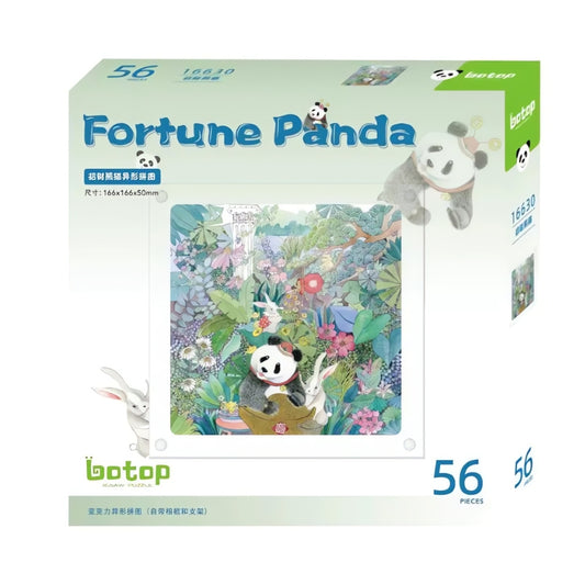 Product box of the Fortune Panda 56-piece acrylic puzzle from Botop, featuring a cute panda and rabbits in a colourful floral