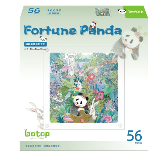 Product box of the Fortune Panda 56-piece acrylic puzzle from Botop, featuring a cute panda and rabbits in a colourful floral