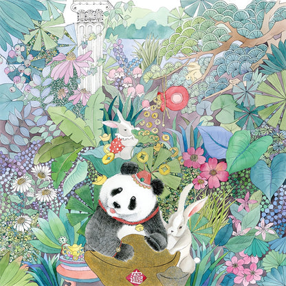 Close-up of the completed Fortune Panda puzzle illustration showing a smiling panda, white rabbits, and floating gold coins.
