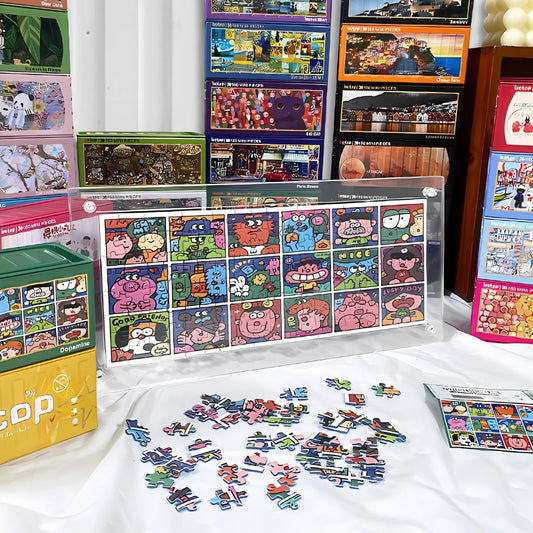 Acrylic frame holding cartoon puzzle, surrounded by puzzle boxes and scattered pieces.