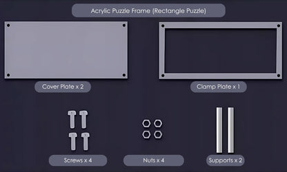 Assembly diagram showing parts of acrylic rectangle puzzle frame with labels.