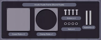 Round acrylic puzzle frame kit with labeled cover plates, clamp plate, screws, and supports.