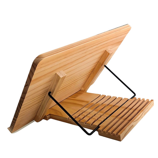 Adjustable wooden puzzle easel with grooved base and black metal supports.