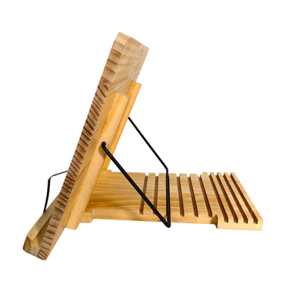 Adjustable wooden puzzle easel with grooved base and black metal supports.