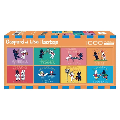 Gaspard et Lisa puzzle box featuring sports-themed illustrations in bright panels.