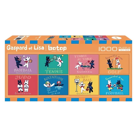 Gaspard et Lisa puzzle box featuring sports-themed illustrations in bright panels.