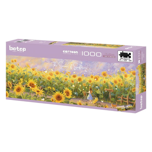 Summer of Sunflowers puzzle box showing girl with bike in a sunflower field.