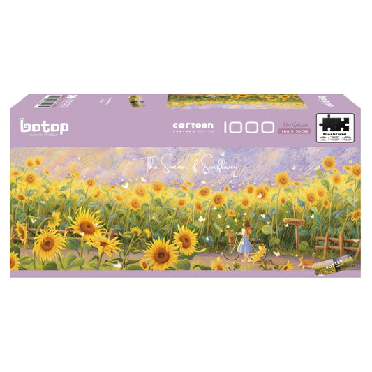 Summer of Sunflowers puzzle box showing girl with bike in a sunflower field.