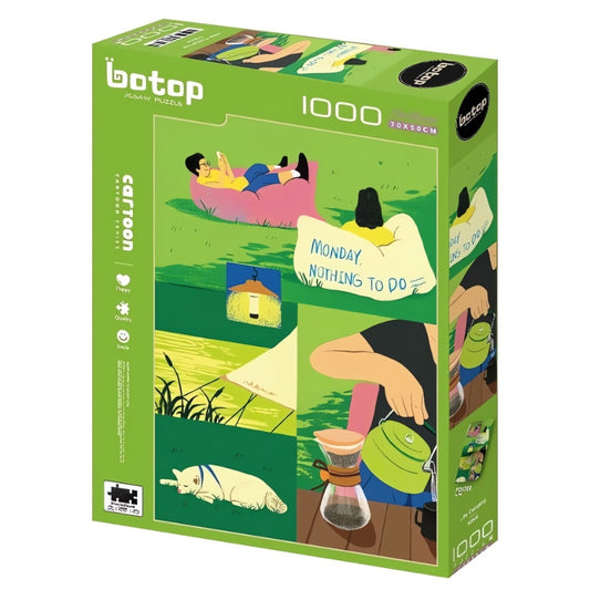 Botop Camping Diary 1000 piece puzzle box featuring relaxed cartoon scenes on a green background