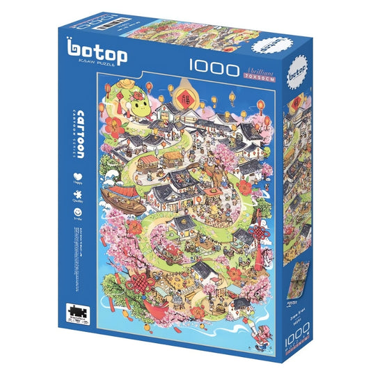 Draw Snake 1000 piece puzzle by BOTOP, showing a festive Asian village scene with cherry blossoms and lanterns