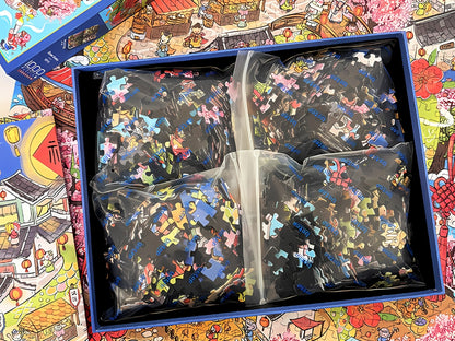 Inside the BOTOP puzzle box showing 1000 pieces packed in 4 separate bags as part of the BlackCard series