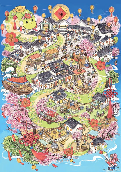 Full vertical poster view of the Draw Snake puzzle with a winding village road, cherry blossoms, and detailed mini figures