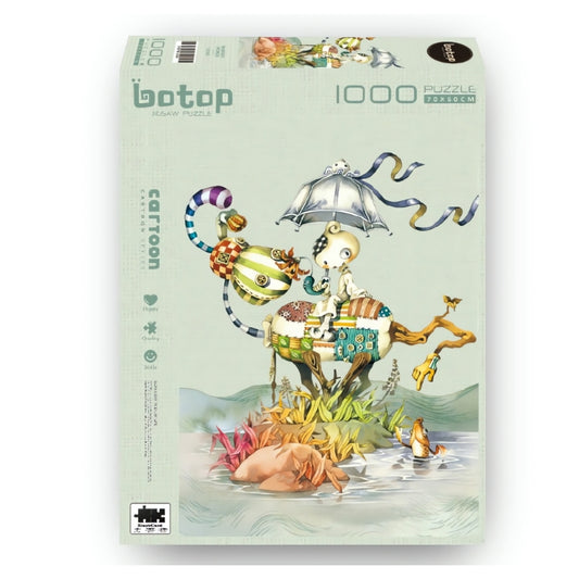 Fantasy World 1000-piece puzzle box by Botop, featuring a whimsical character sitting on a patchwork tree under a floating um