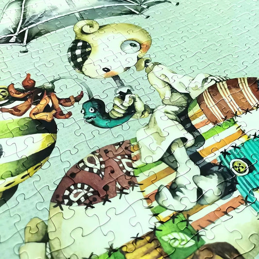 Close-up of completed Fantasy World puzzle showing detailed stitching and textures on the patchwork character and surrounding