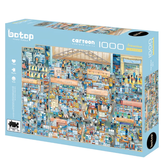 Box of Botop 1000 piece puzzle featuring a bustling cartoon-style fish market scene