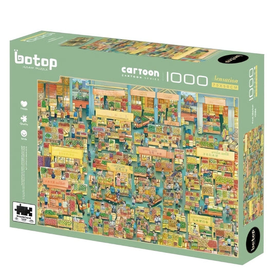 Fruit Market puzzle box by Botop, 1000 pieces, featuring colourful cartoon produce stalls