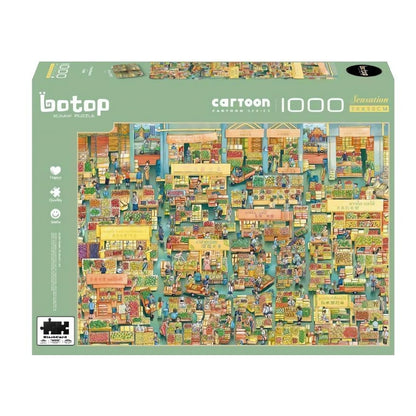 Fruit Market puzzle box by Botop, 1000 pieces, featuring colourful cartoon produce stalls