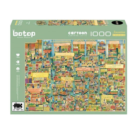 Fruit Market puzzle box by Botop, 1000 pieces, featuring colourful cartoon produce stalls
