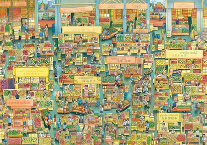 Close-up of Fruit Market puzzle with detailed fruit stalls, busy shoppers and signage