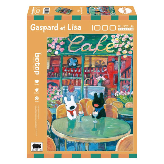 Gaspard and Lisa Café 1000-piece puzzle box showing painted café scene with cartoon characters and colourful floral details