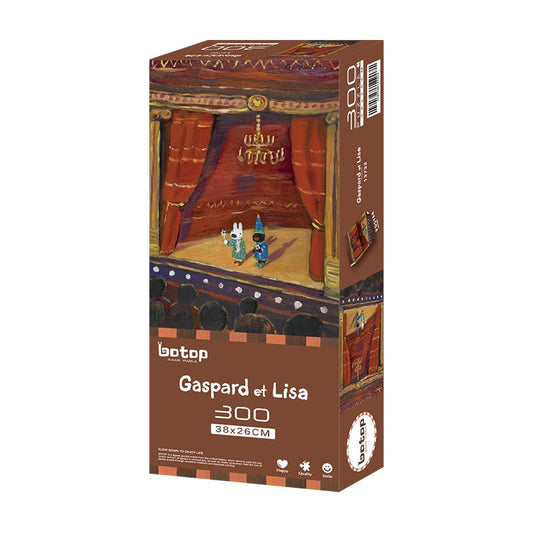Front view of Gaspard et Lisa Magician puzzle box showing a theatre scene with the characters on stage.