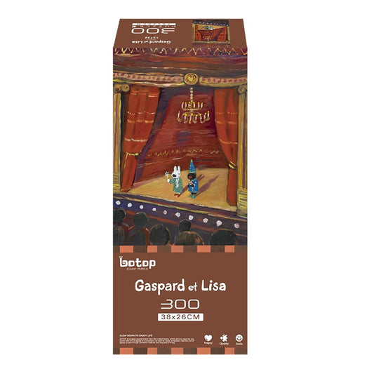 Front angled packaging of Gaspard et Lisa Magician 300 piece puzzle by Botop featuring the duo on stage.
