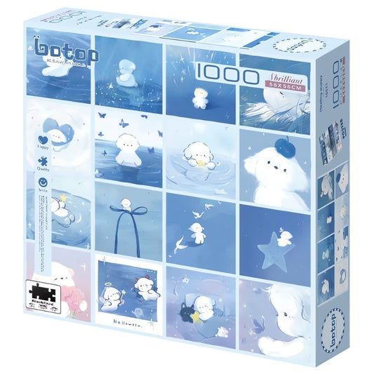 Botop 1000 piece jigsaw puzzle box featuring a soft blue cartoon grid design with cute animal illustrations