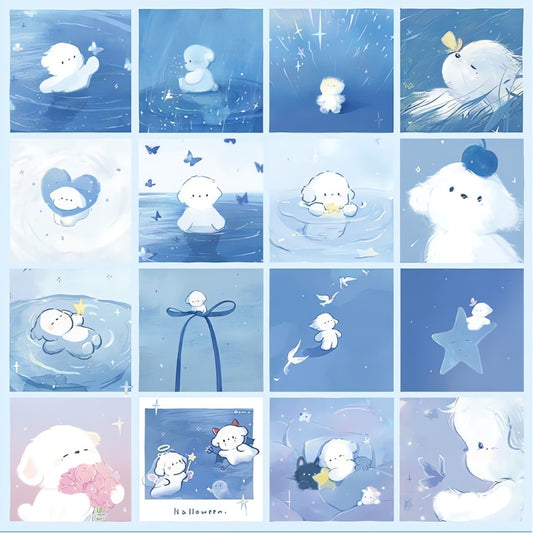 Completed 1000 piece puzzle showing grid of whimsical blue-toned scenes with cute animal characters and soft backgrounds
