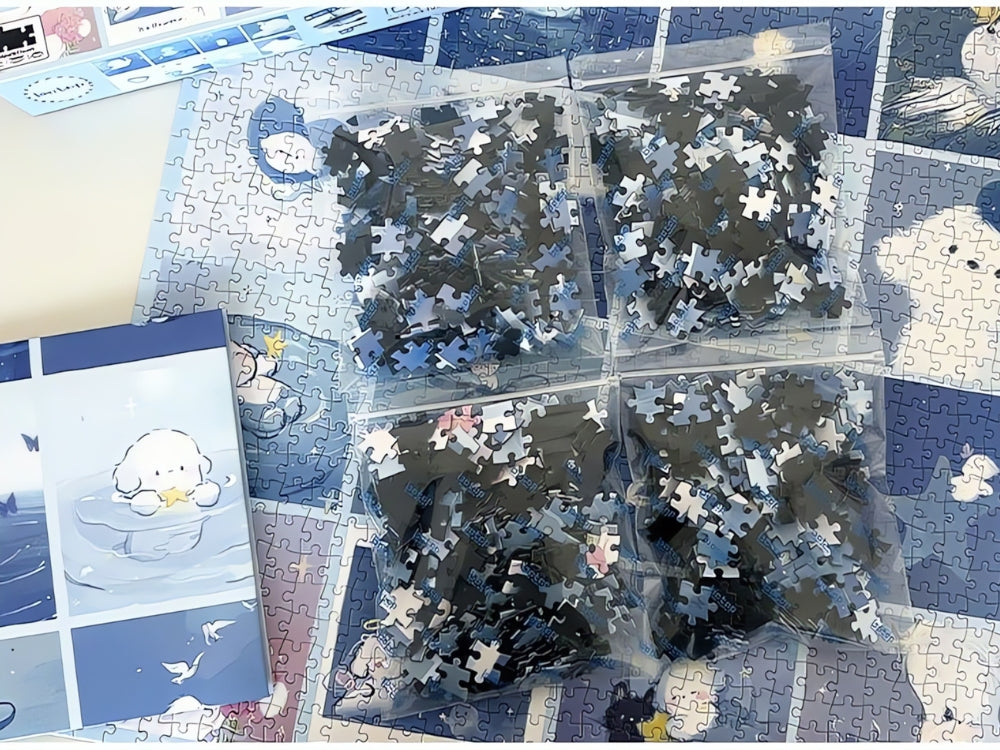 Botop puzzle packaging showing 1000 pieces sorted into four clear bags laid over partially assembled grid