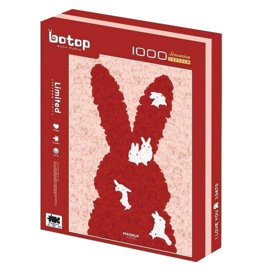 I Love You Bunny puzzle box by Botop, 1000 pieces, red rose bunny with white rabbits