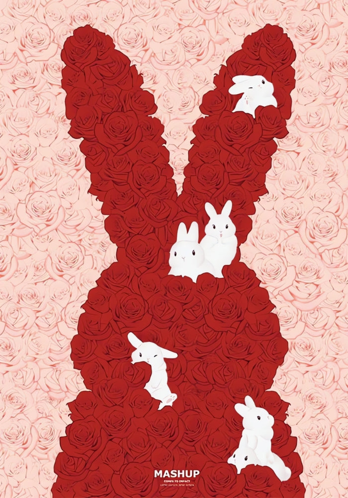 Red rose bunny-shaped figure with white rabbits on soft pink rose background