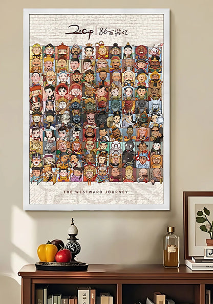 Completed and framed Journey West puzzle displayed on a wall, featuring a vibrant collection of cartoon characters