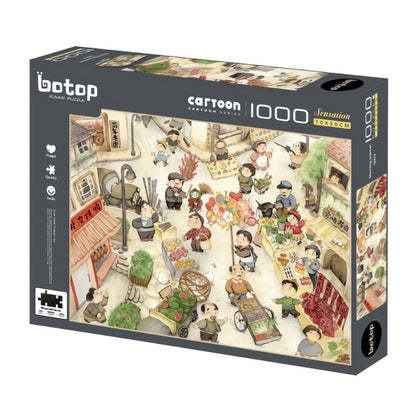 Morning Market puzzle box by Botop, 1000 pieces, featuring a lively cartoon street scene