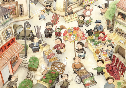 Cartoon-style morning market puzzle scene with vendors, shoppers, and food stalls