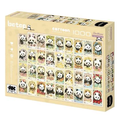 Botop Panda Family 1000 piece puzzle box featuring a grid of illustrated pandas in floral and decorative frames