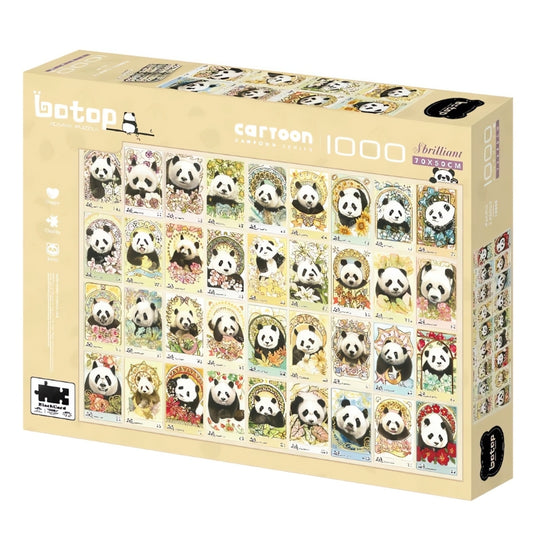 Botop Panda Family 1000 piece puzzle box featuring a grid of illustrated pandas in floral and decorative frames