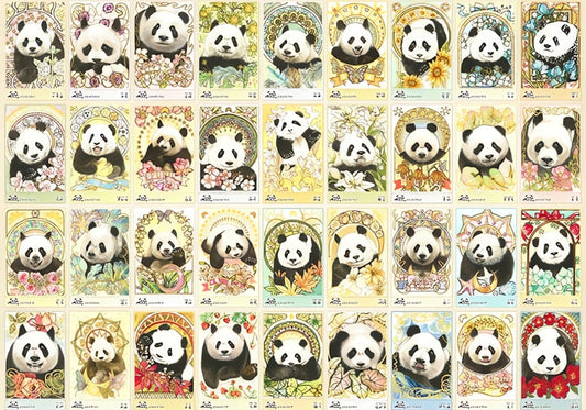 Panda Family puzzle artwork showing 35 framed panda portraits with colourful backgrounds and floral details