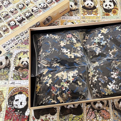 Botop Panda Family puzzle showing four sorted bags of pieces over the completed panda illustration