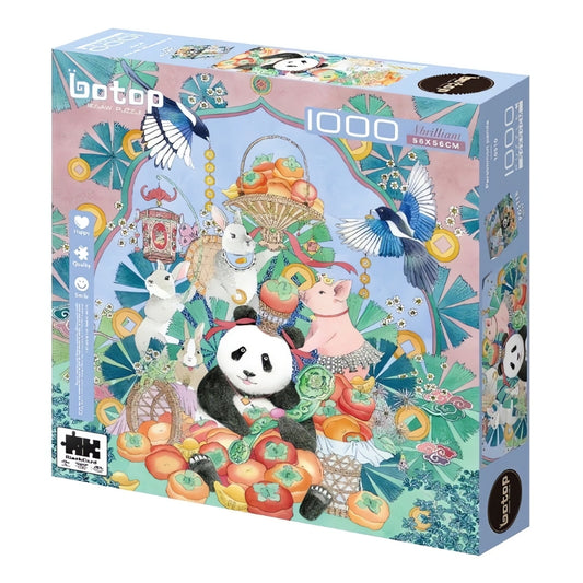 Botop 1000 piece puzzle box featuring panda, animals, and fruit in a traditional Chinese-style fantasy illustration