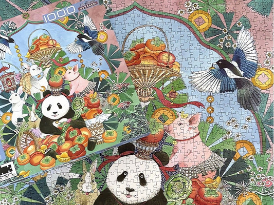 Completed Botop puzzle with box, showing panda and animals surrounded by fruit baskets and birds in pastel scenery