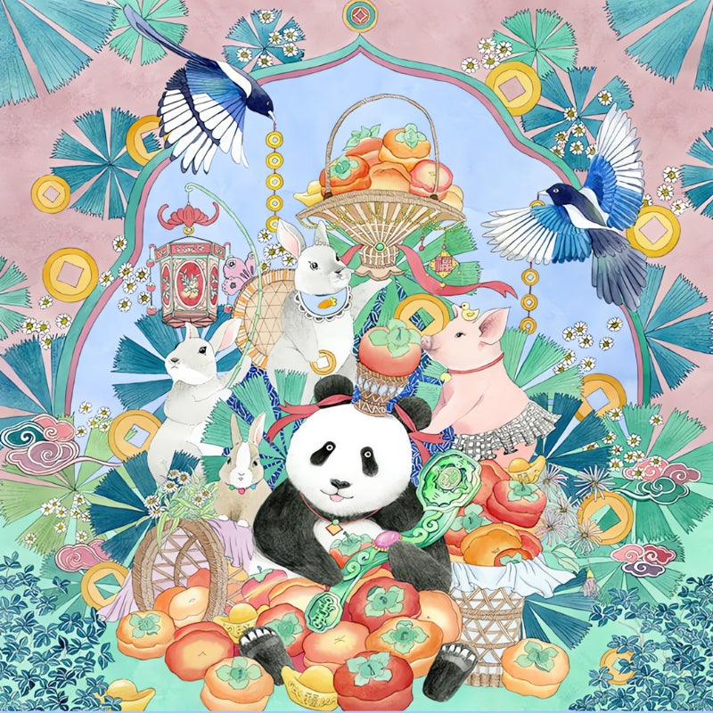 Panda-themed jigsaw puzzle artwork with rabbits, a pig, and birds gathered around fruit in a vibrant fantasy setting