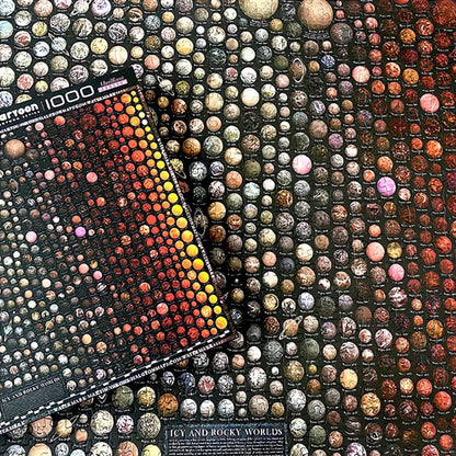 Completed Universe puzzle with box placed over detailed grid of rocky and icy planets