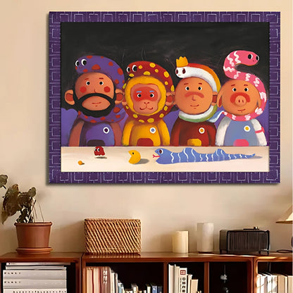 Wufu Treasure puzzle framed and displayed on a wall, showing its bold and decorative style.