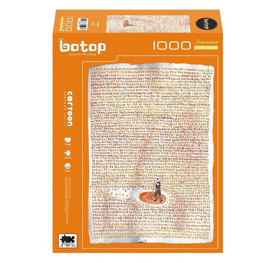 Yellow puzzle box by Botop, 1000 pieces, orange box with handwritten lyrics and singer