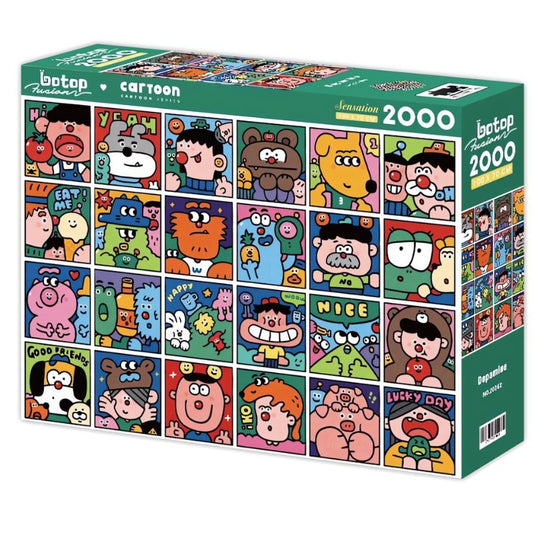 Dopamine 2000 piece puzzle box with quirky cartoon characters in a vibrant grid