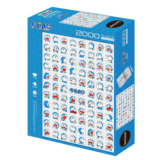 Puzzle box with grid of Doraemon's many facial expressions on blue background