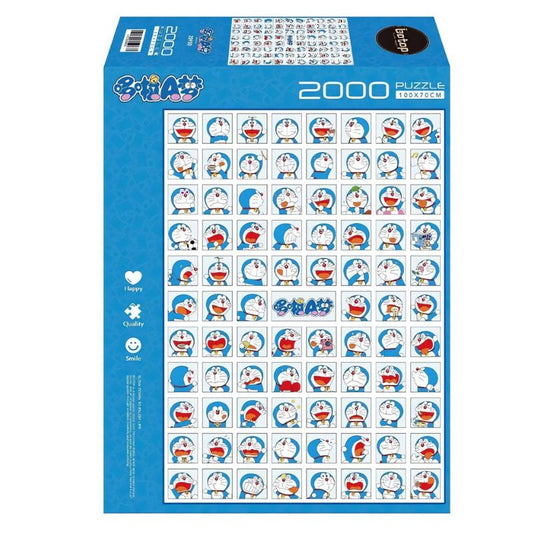 Puzzle box with grid of Doraemon's many facial expressions on blue background