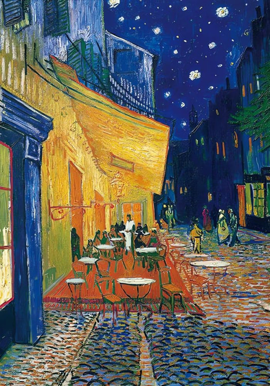Van Gogh's Café Terrace at Night artwork with yellow-lit café and starry sky scene