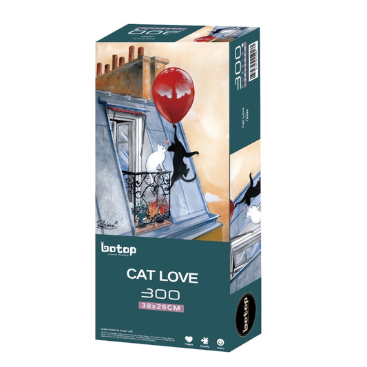 Botop 300 piece puzzle box showing a white and black cat on a rooftop with a red balloon